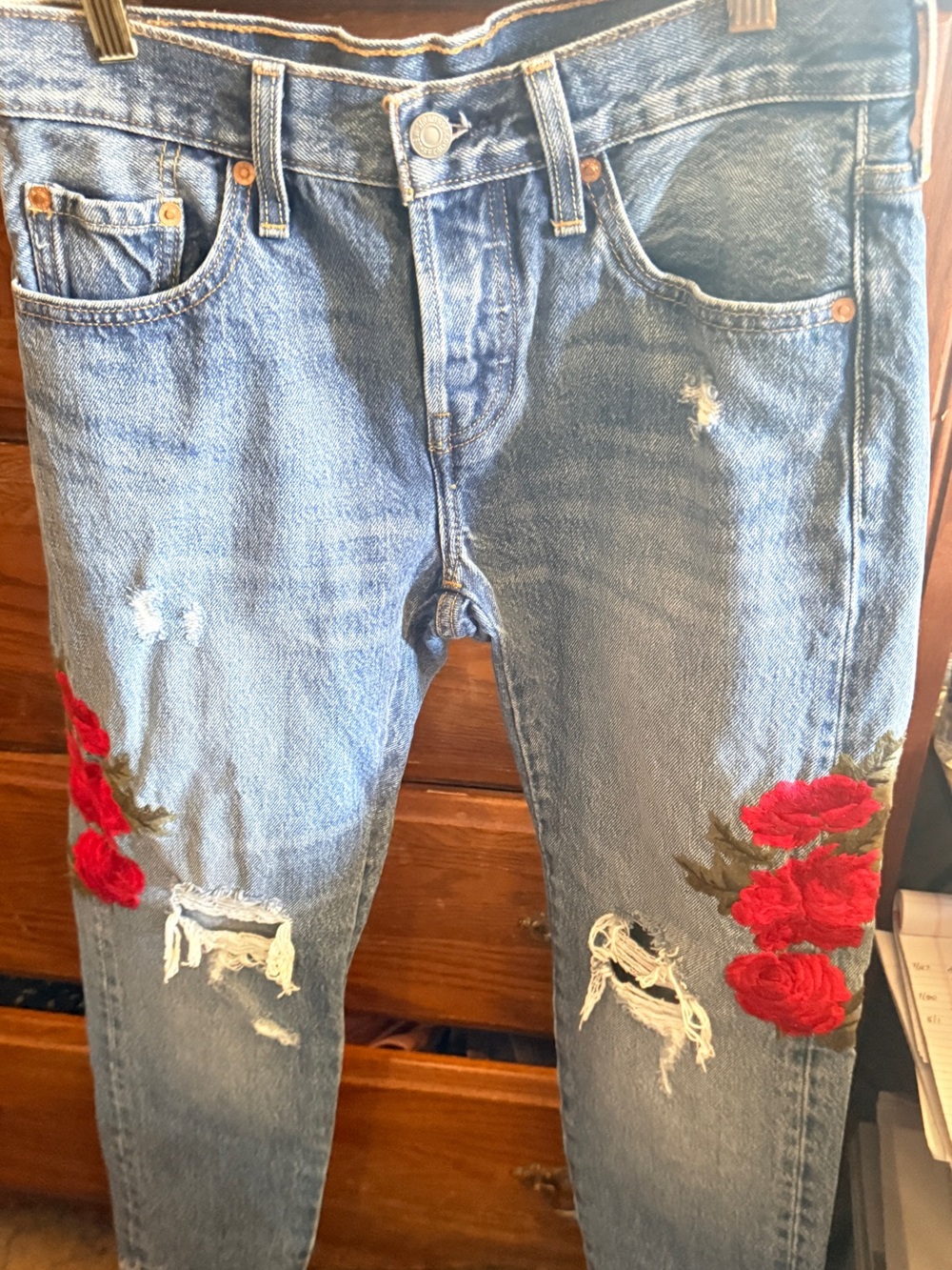 Levi's Blue Denim Flare Jeans with Red Rose Embroidery